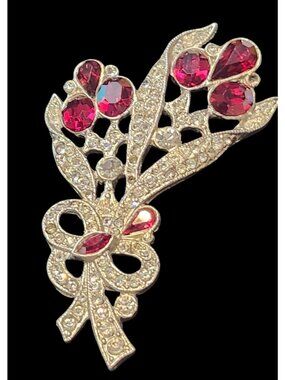 Vintage Art Deco Style Pot Metal Brooch Clear & Red Stones Floral Design